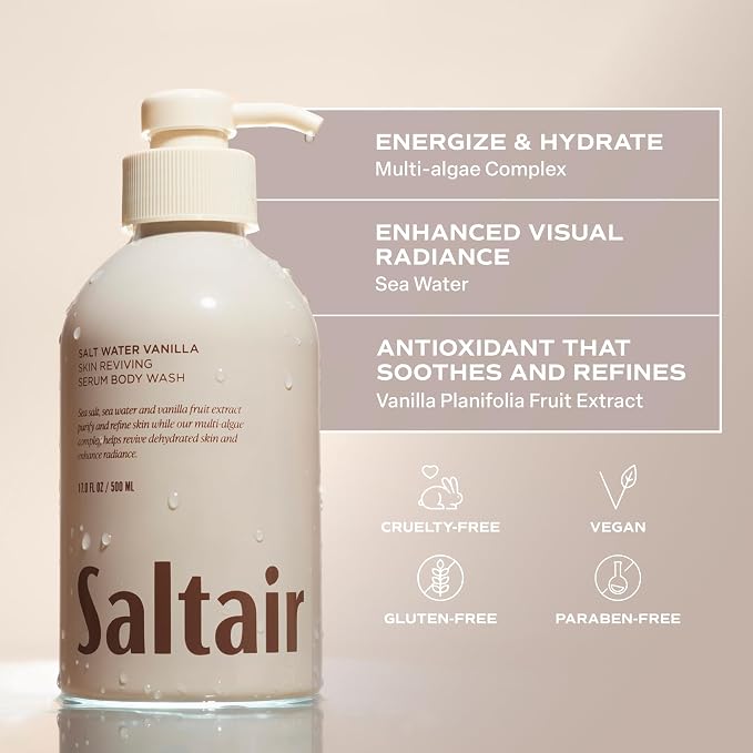 Saltair Body Wash 2-Pack – Salt Water Vanilla – Moisturizing Body Wash with Multi-Algae Complex – Scented Shower Gel for Women and Men – 2x 17oz – Vegan, Cruelty-Free, Paraben-Free