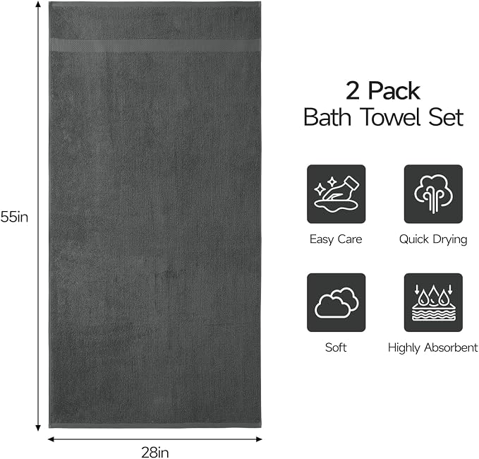 ecolook 2 Pack 100% Cotton Bath Towels, 28 x 55 Inches, Soft | Lightweight, Highly Absorbent & Quick Dry Body Towels for Bathroom, Shower, Gym & Daily Use, Dark Gray