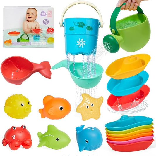 16PCS Baby Bath Toys for Kids Ages 1-3, Mold Free No Hole Bath Toy Set, Easy Clean Bathtub Pool Water Table Toys for 1 2 3 Year Old, Floating Boats Bucket Watering Can Bath Toys for Babies 12+ Months