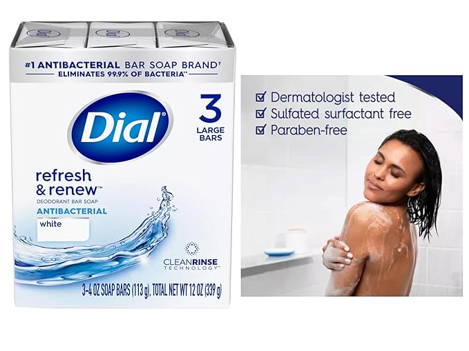 Dial Antibacterial Bar Soap, Refresh & Renew, White, 3-4 OZ Soap Bars - 2 Pack