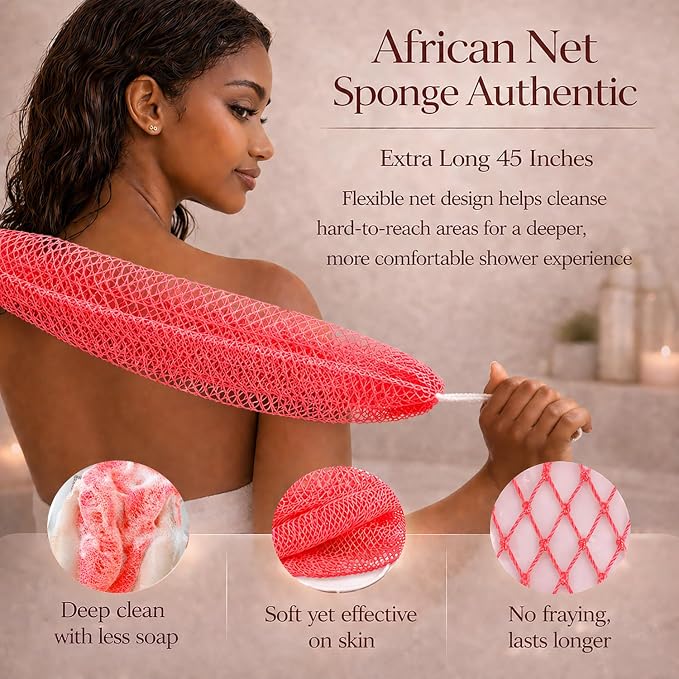 African Net Sponge Authentic, 4 Pcs Real African Exfoliating Net Sponge with Knots for Daily Shower Stretch Back Scrubber for Women Men Bath Travel Gift Gym Use (Black+Olive Green+Pink+Champagne Gold)