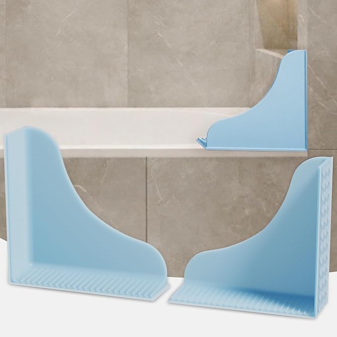 No-Adhesive 2-Pack All-Silicone Shower Splash Guard with Strong Suction Cups, Reusable One-Piece Bath Tub Corner Water Blocker for Secure Seal&Easy Removal，Keep Water in Shower or Bath, Baby Blue