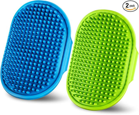 Dog Grooming Brush，Pet Shampoo Massage Bath Brush Comb with Adjustable Loop Handle for Grooming Short and Long Hair Cats and Dogs, 2pcs(Tapered brush head, Blue+Green)