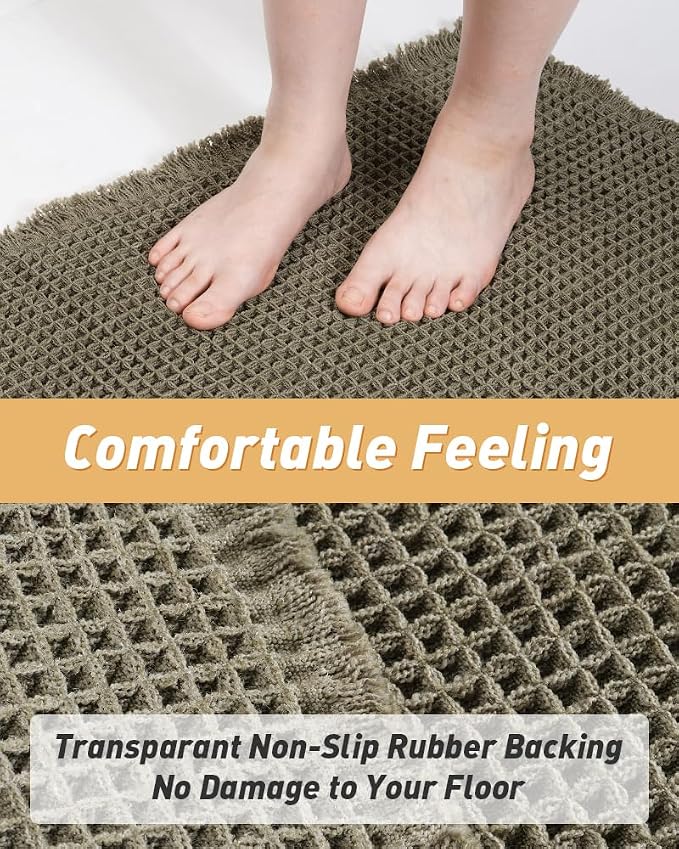 Upgraded Waffle Bath Mats Set of 2, Super Absorbent Non Slip Bath Mats for Bathroom Floor, Washable Boho Bathroom Rugs Set 2 Piece with Tassels, Soft Bathroom Mat Set, 18" x 30" (2 Pack), Green