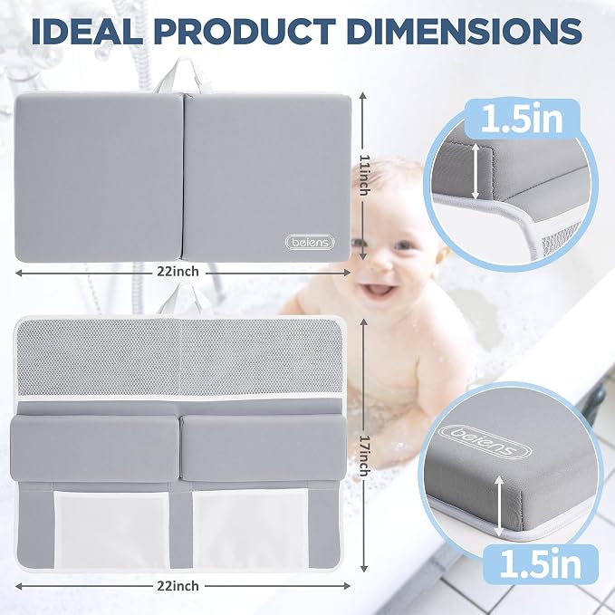beiens Bath Kneeler and Elbow Rest Pad Set - 1.5'' Comfortable Baby Bath Kneeler Pads, Thick Quick Dry Kneeling Pad Support for Knee& Arm, Large Bathtub Mat with Toy Organizer for Happy Baby Bath Time
