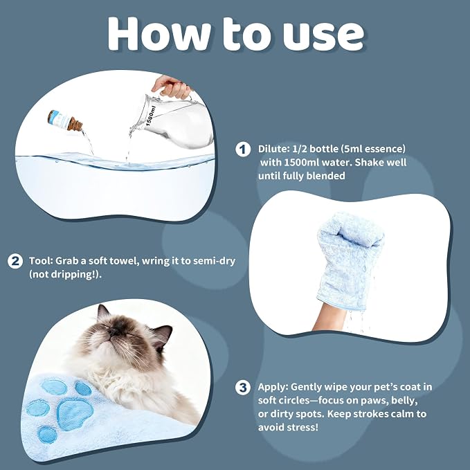 2PCS Concentrated Waterless Shampoo Essence with Pink Grooming Glove, No-Rinse & Lick-Safe Essence for Steam Brushes, Gentle Care for Cats/Kittens/Seniors, Manage Shedding & Freshness (1, Blue Glove)