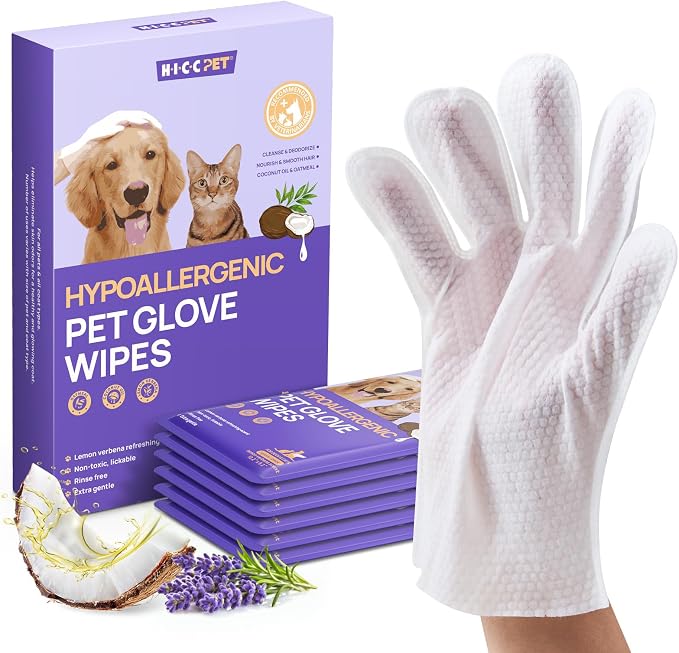 HICC PET Cleaning Deodorizing Glove Wipes for Dogs & Cats, Hypoallergenic Hydrating & Nourish Fur Pet Grooming Glove Wipes, Pet Bathing Wipes for Horse Coat Care, 6pcs Verbena Scent