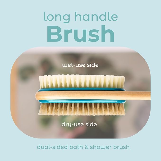MainBasics Back Scrubber Shower Brush Long Handle Dual Sided Body Brush with Exfoliating Soft Bristles for Back Scrubbing Deep Cleaning and Body Wash (Teal)