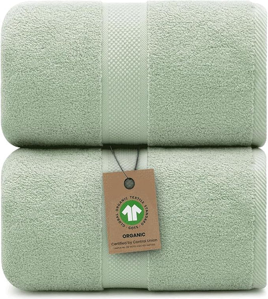 Alusa Home 100% Organic Luxury Bath Sheets - GOTS Certified - Extra Large 35x70 Inches (Pack of 2) Zero-Twist, Long-Staple Cotton Bath Sheet Set (Eucalyptus Green)
