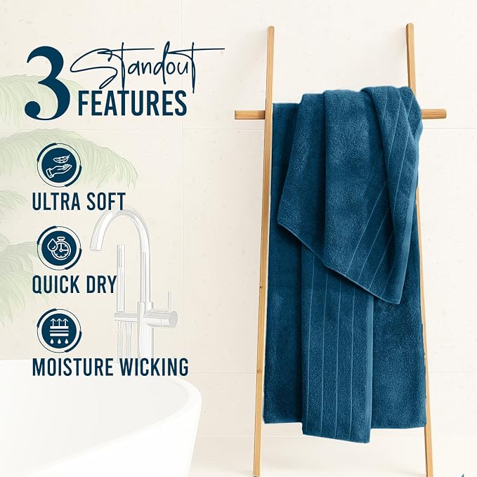 DAN RIVER Extra Large Bath Towels Set of 4, 30 x 60 Inches - 100% Cotton Larger & Lighter Weight Towels for Bathroom - Quicker to Dry, Super Soft & Highly Absorbent Towels for Home, Blue Opal