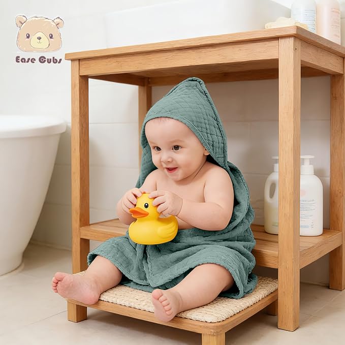Ease Cubs 3-Pack Muslin Hooded Baby Towels, 100% Cotton, Ultra-Soft & Absorbent Baby Bath Towels with Hood for Babies, Infant, Toddler and Newbron (Emerald Series,32" x 32")