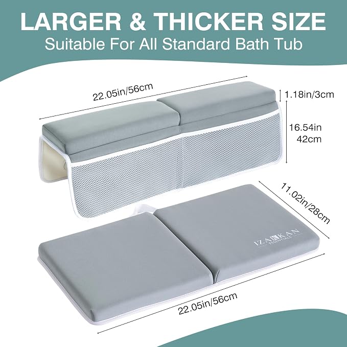 Bath Kneeler and Elbow Rest Pad Set - 1.5" Thick Baby Bath Kneeler - Non-Slip Bathtub Kneeler and Elbow Rest Set with Toy Organizer - Machine Washable Bath Kneeling Pad (Grey)