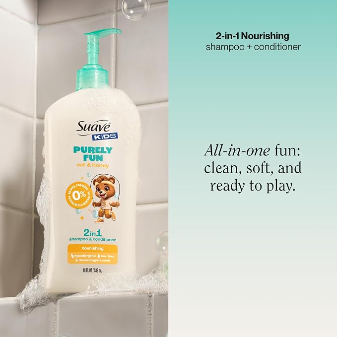 Suave Kids Purely Fun 2 in 1 Shampoo and Conditioner with Oat & Honey Tear-Free, Hypoallergenic, Gentle Hair Care for Sensitive Scalps, Kids Shampoo & Conditioner, 6 Count, 18 fl oz