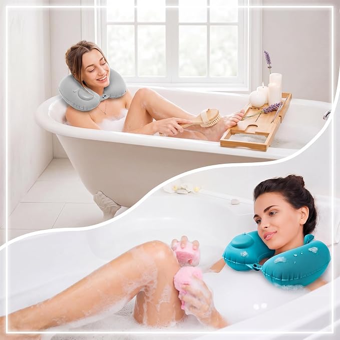 Colingmill 2 Pcs Inflatable Bath Pillows for Tub, U-Shaped Neck & Head Support Cushion, Portable Blow Up Travel Neck Pillow with Adjustable Button for Airplanes & Home Spa(Grey, Peacock Blue)