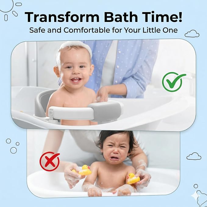 Seated Bath Seat for Baby Sitting Up - Non-Slip Plastic Bath Chair for Baby with Strong Suction Cups & 3 Toys, Safe Bathtub seat for Toddlers Babies 6-24 Months, (Gray, 14.4 x 13.4 x 7.5 Inches)