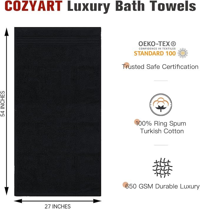 COZYART Luxury Bath Towels 4 PCS, 27x54 650 GSM Turkish Cotton, Black | Zero Twist 100% Ring Spun Cotton, Fluffy, Ultra Soft, Super Absorbent, Quick Dry, Large Towels for Hotel Spa Bathroom Shower