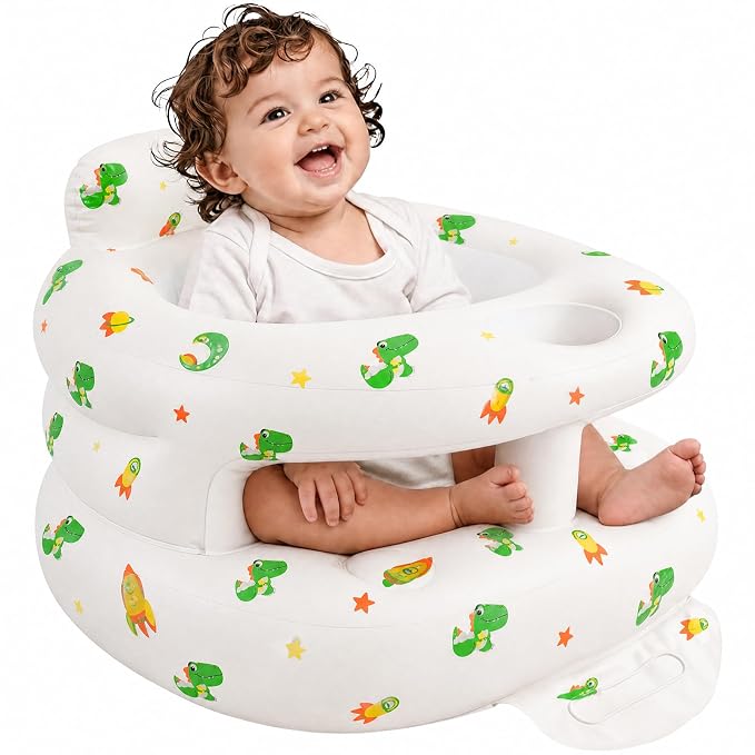 Inflatable Baby Seat for Babies 3-36 Months, Baby Chair with Fence & Built in Air Pump, Blow Up Floor Seat with Back Support, Inflatable Infant Chair Sit Me Up for Home, Travel Green Dinosaur