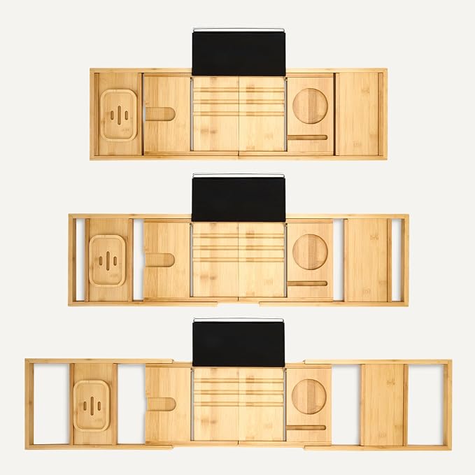 Amazon Basics Expandable Bamboo Bathtub Tray Caddy, 29.5-43 in, Spa Bath Organizer