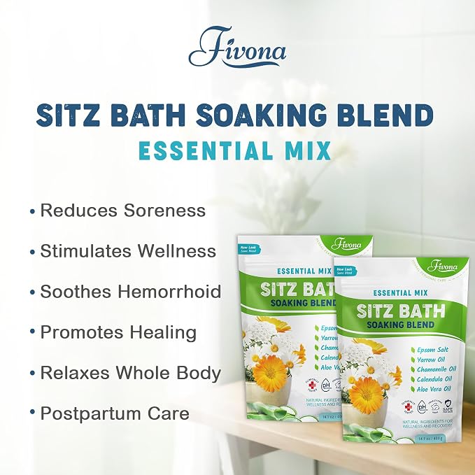 Fivona All Natural Sitz Bath Soaking Blend - Epsom Salt with Pure Essentials Oils - for Hemorrhoid, Fissure, Postpartum Care, Bartholin Cyst Treatment - Essential Mix - 2 Pack (14.1 oz Each)