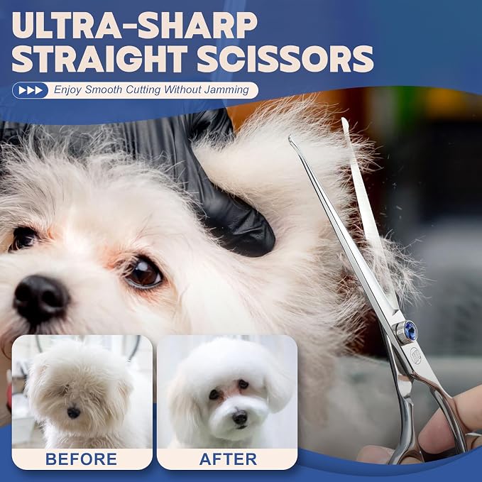 Moontay Professional Dog Grooming Straight, Curved, Thinning/Blending/Chunking Scissors Kit, JP-440C Stainless Steel Pet Cat Hair Cutting/Trimming Shears, Silver