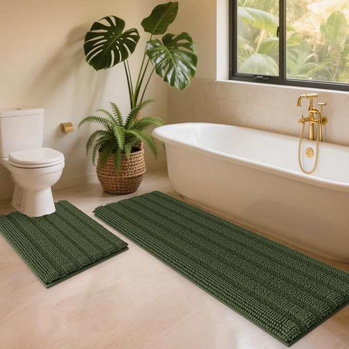 ACCUMTEK Christmas Striped Olive Green Toilet Bathroom Rug Mat Set 2 piece Rug Ultra Soft, Non Slip Chenille Bath Rugs, Absorbent Plush Shaggy Bath Mats for Bathroom, Bedroom, Kitchen, Shower, Tub