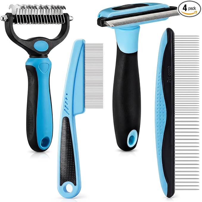 Patelai 4 Pieces Dematting Comb for Dogs Pets Grooming Tools for Dogs and Cats - Fine Tooth Comb, Deshedding Tool & Double-sided Tools Set Ideal for Long/short Hair, Knot Removal