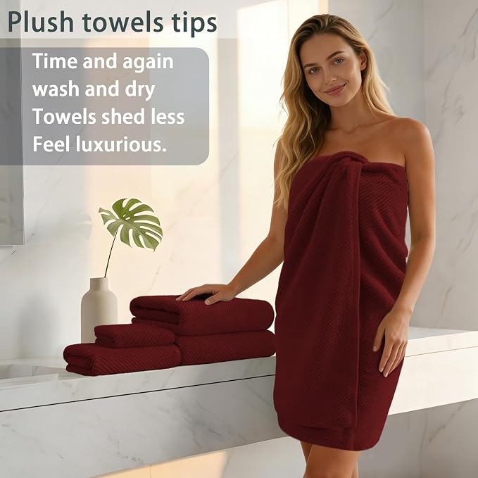 VOOVA & MOVAS Red Bath Towels, 4 Pack Large 30" x 56" - 100% Cotton | Quick Dry | Light Weight | Thick | Soft | Absorbent, Bath Towels Set for Bathroom, Bathroom Decor Set, Burgundy Red