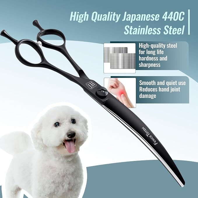 Dog Grooming Curved Scissors, 7.5 Inch, Japanese 440C Stainless Steel, 30° Arc Blade for Head, Face and Legs (7.0")