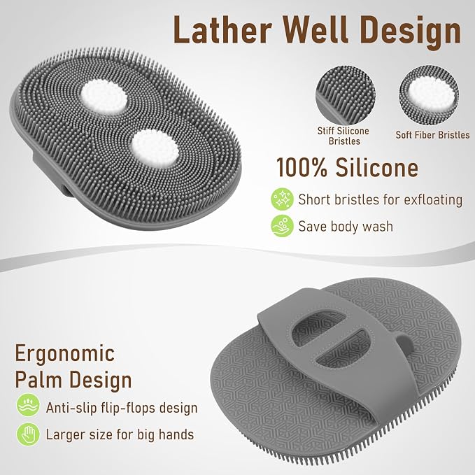 Back Scrubber for Shower + Body Scrubber 2 Pack - Dual Sided Silicone & Nylon Bristles Lather Well, Exfoliating Anti-Slip Wood Long Handle Back Scrubber Body Exfoliator for Wet/Dry Bath Brush Grey