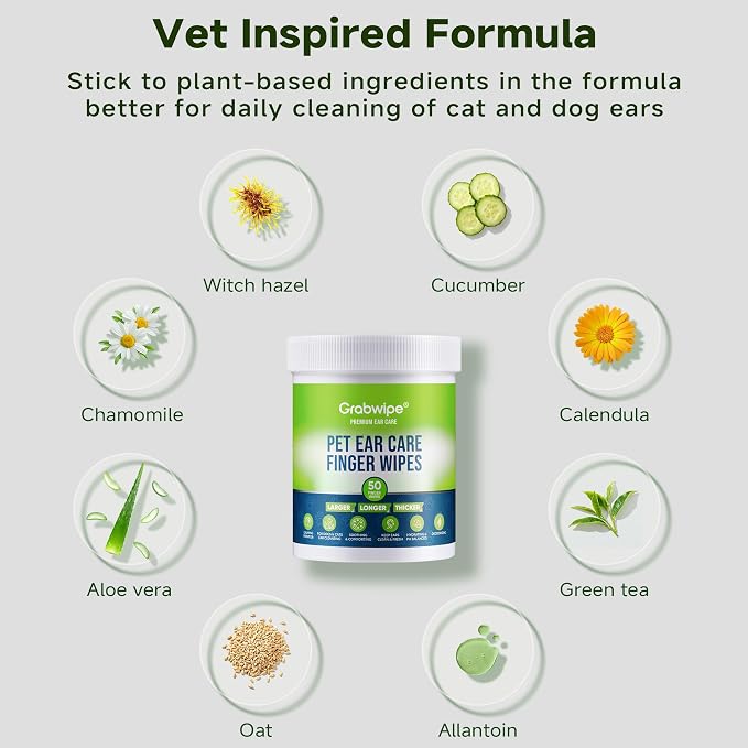 Dog Ear Wipes – Finger Design Ear Cleaner for Dogs & Cats, Made with 8 Botanical Extracts, No Rinse, Gentle Easy Cleaning & Deodorizing, Calm Irritation, Fragrance Free, Large Easy Fit,50 Ct