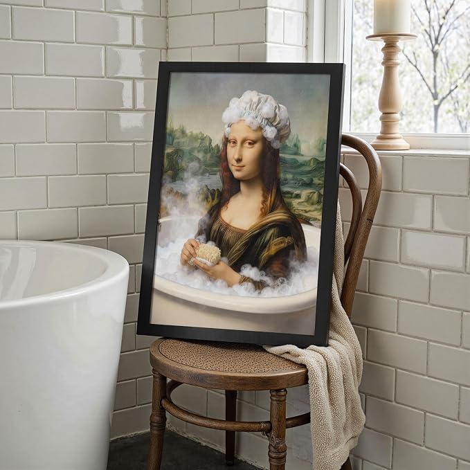 Whimsical Aesthetic Wall Prints – Funny Bathroom Playful Mona Lisa Bathing Art Posters for Home & Apartment Decor 8X12 in Unframed