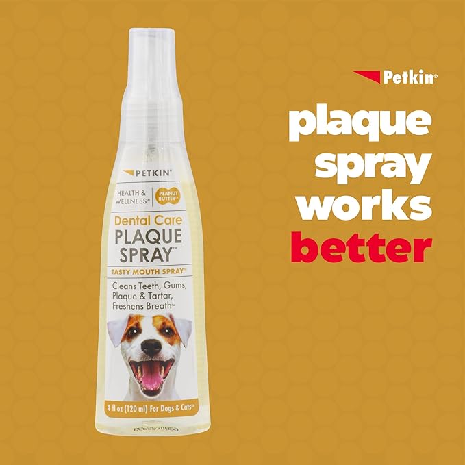 Petkin Plaque Spray, Peanut Butter, 4 Fl Oz - Cleans Teeth & Gums, Removes Plaque & Tartar, Freshens Breath & Whitens Teeth with Baking Soda - Ideal Cat & Dog Dental Spray with No Brushing or Rinsing