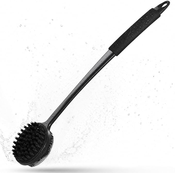 Back Scrubber for Shower, 15.7" Loofah with Handle, Back Shower Brush with Bristles and Loofah, Dry Brushing Body Brush for Cleanse Back with Curved Long Handle (Black)