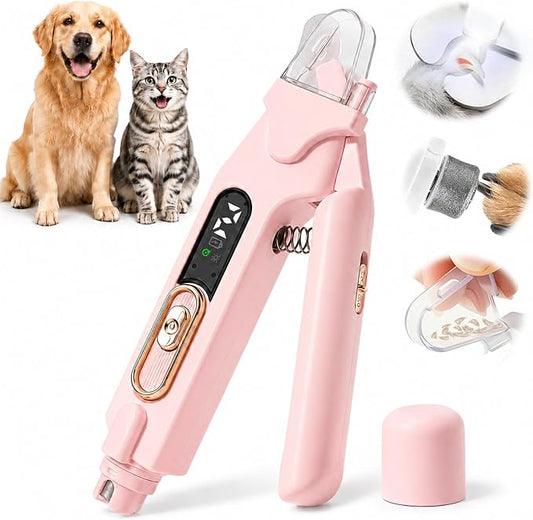 2-in-1 Dog Cat Nail Clippers & Grinder with LED Light, Pet Nail Trimmer with Splash Guard & Safety Lock, 2 Speeds USB Rechargeable Quiet Paw Nail Cutter for Large Medium Small Dogs Cats (Pink)