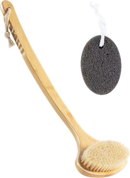 Bamboo Bath Brush with Curved Long Handle, Natural Bristle Back Scrubber for Shower, Exfoliating Body Brush for Wet or Dry Use, Anti-Slip Design for Gentle Deep Cleaning, Wood Color