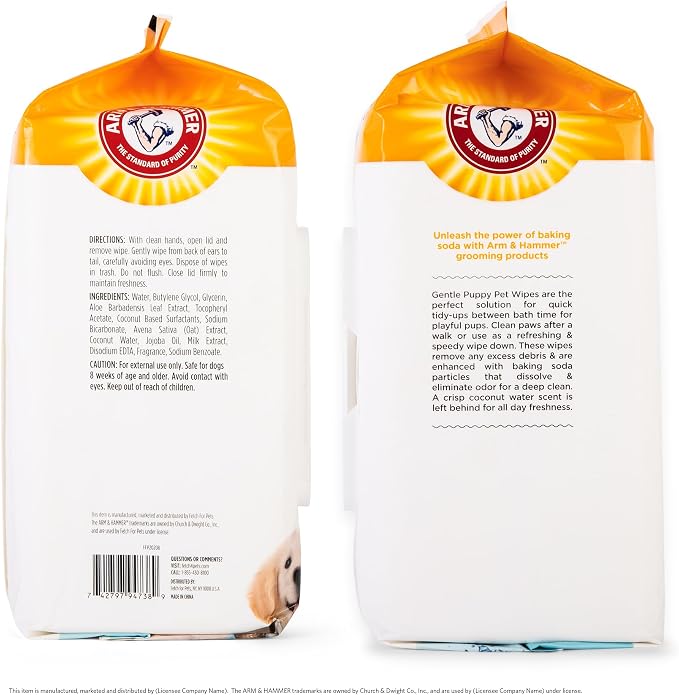 Arm & Hammer Dog Grooming Wipes, Deodorizing Dog Cleaning Wipes with Coconut Water, Gentle for Dogs and Puppies, Paraben and Sulfate Free Formula, Light Coconut Scent, 100 Count