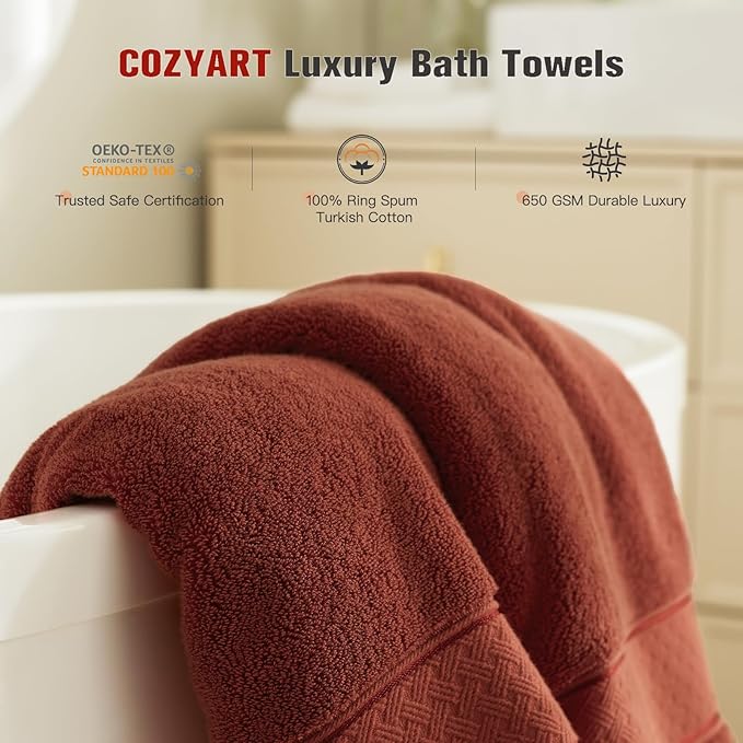 COZYART Terracotta Orange Bath Towel Set 6 Piece, 100% Zero Twist Ring Spun Turkish Cotton 650GSM, Ultra Soft Absorbent Fast Dry Hotel Quality Bathroom Towels
