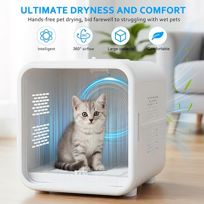 53L Dog Hair Dryer 360° Drying 3 Adjustable Speed Settings Pet Dryer Box with Smart Temperature Control for Cats and Dogs