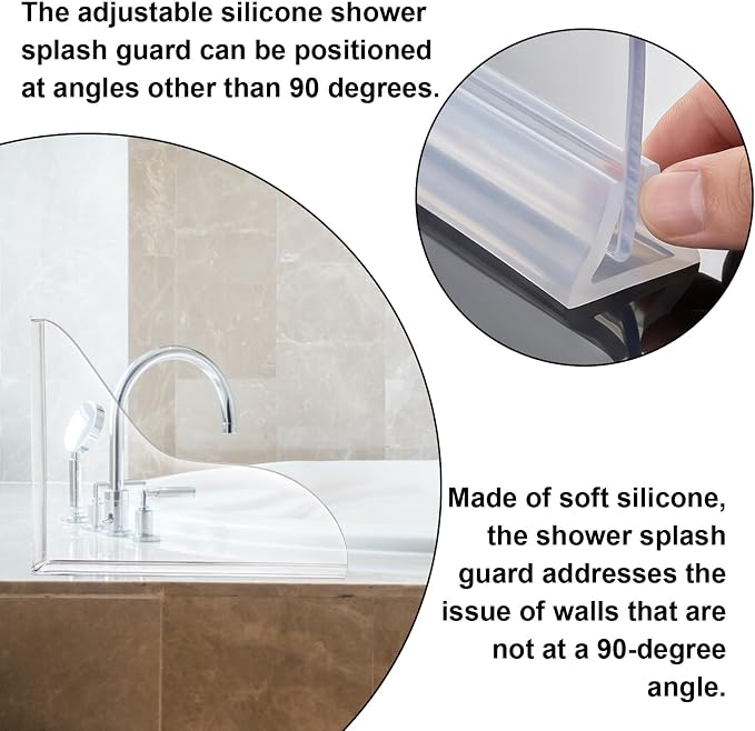 Bremorou 2pcs Splash Guard for Bathtub, Shower Splash Water Guard, Self-Adhesive Waterproof Tub Corner Guards, Silicone Base and Acrylic Plate, Prevent Water Splashing, Pack of 2