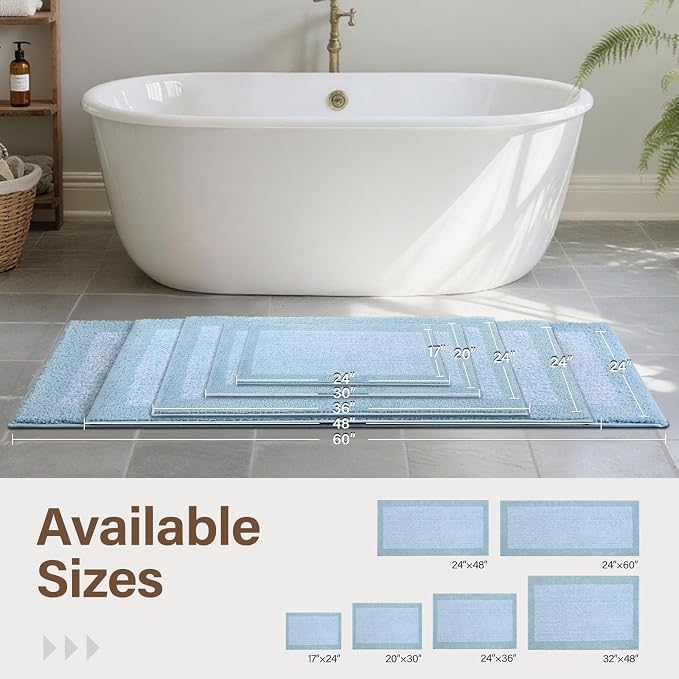Bathroom Rugs 48x17 Non Slip Washable, Light Blue Bath Mat for Bathroom Floor Tub, Soft Absorbent Quick Dry Mats for Shower, Bathtub,Home Decor