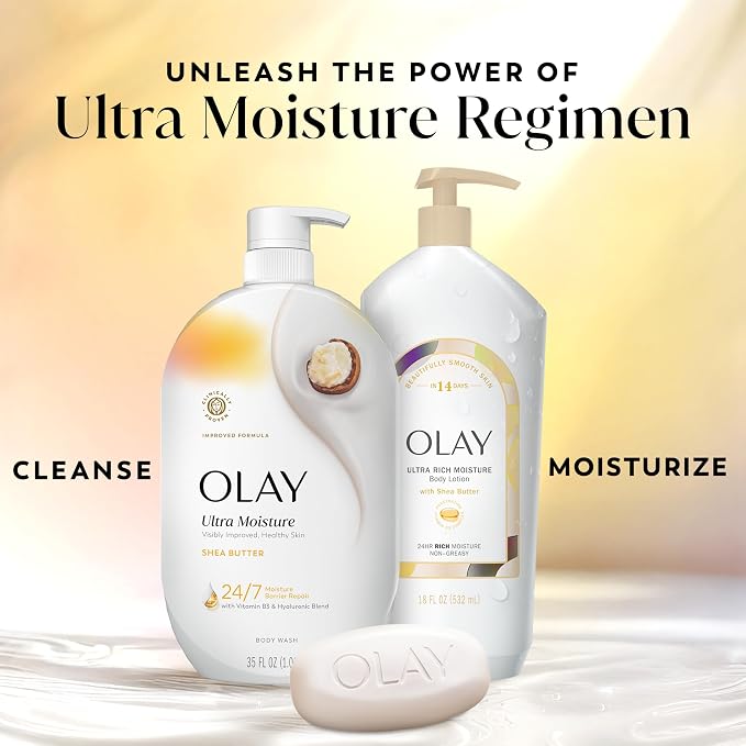 Olay Body Wash for Women, Ultra Moisture, 24/7 Moisture Barrier Repair, Hydrating Formula for Healthy Soft Skin, Vitamin B3 & Hyaluronic Blend, All Skin Types, Shea Butter Scent, 22 fl oz (Pack of 2)