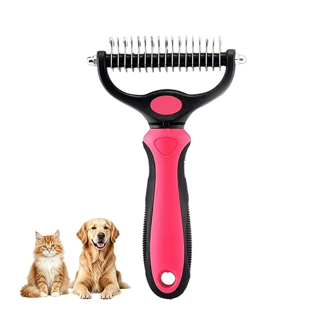Dematting Comb for Dogs and Cats, Undercoat Rake Pet Brush for Long Hair, Deshedding Dog Brush Removes Tangles Knots and Loose Fur, Grooming Tool for Thick Coats (Pink L)