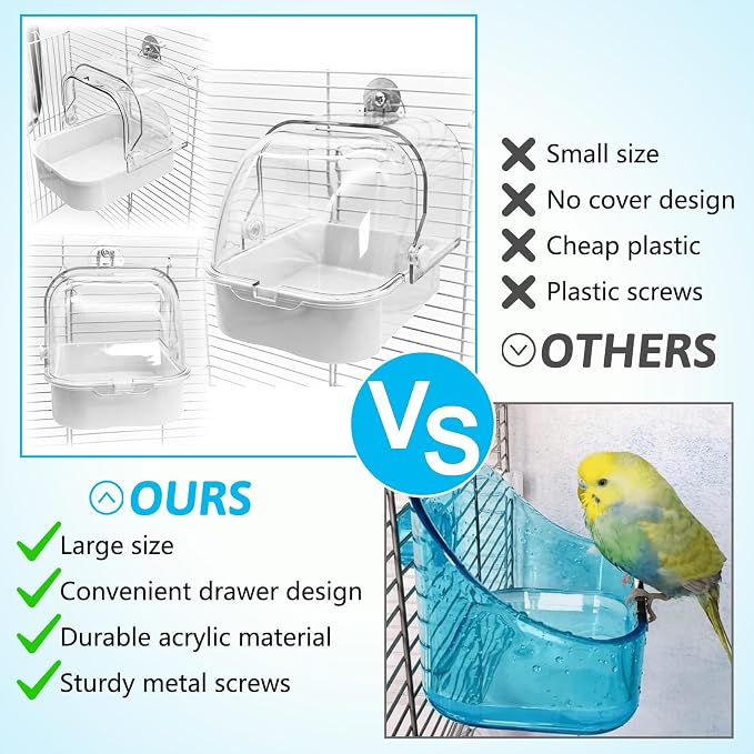 Tfwadmx Bird Cage Bath Hanging Parrot Bath Tub Water Shower Food Feeder Holder Tray Bird Bath Supplies for Small Birds Canary Budgies Cockatiel Lovebirds (White)