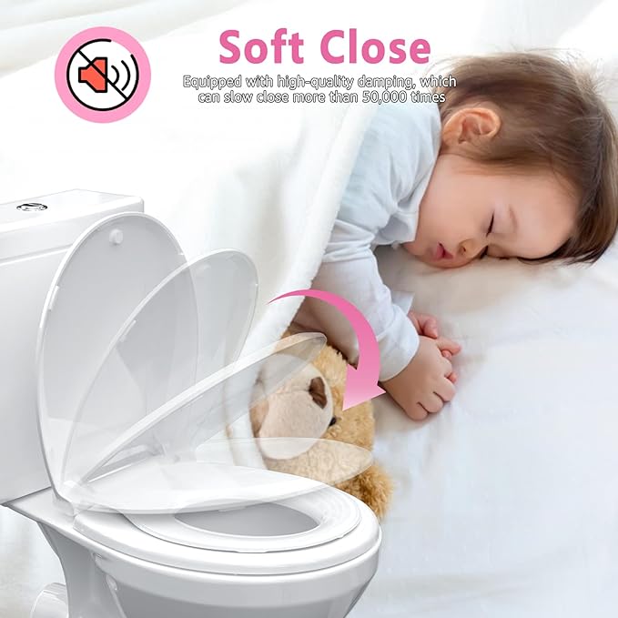 Aünsffer Toddler Toilet Seat with Potty Training Seat Round 16.5inch, 2 in 1 Toilet Seat for Family Built-in Baby Seat Removable, Soft Close + Easy Clean, PP Safe Material, White