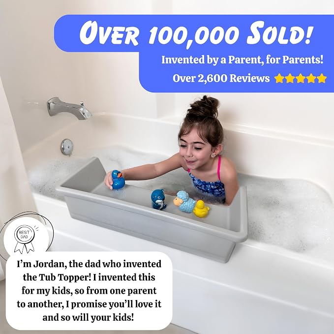 Tub Topper Mini Bathtub Splash Guard & Bath Shelf for Kids - Toy Tray, Gray | Toddler Storage Ledge, Patented Lip Design, Non-Silicone, BPA-Free, Easy to Remove & Clean, Made in USA