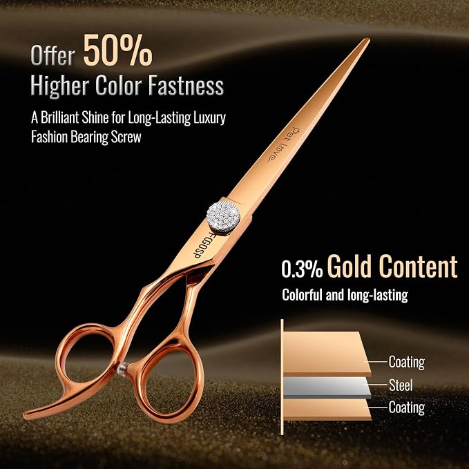 7'' Professional Left Handed Dog Grooming Scissors Straight Grooming Shears for Dogs Pet Rose Gold Titanium Japan 440C Right Handed Dog Hair Cutting Scissors for Poodle(7,Straight)