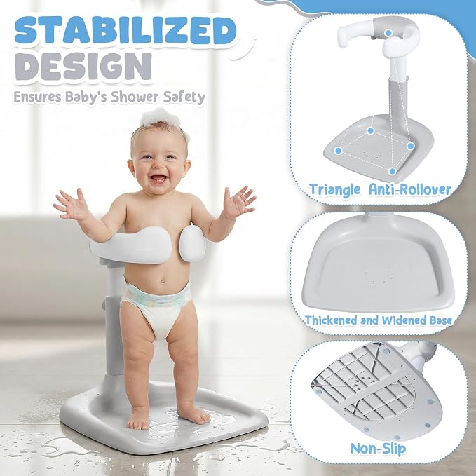 Orzbow Baby Bath Stand, Adjustable Height Baby Shower Stand, Toddler Shower Standing Support with Non-Slip Base for Infant 6-36 Months, Easy-Use, Ideal Gift, Gray