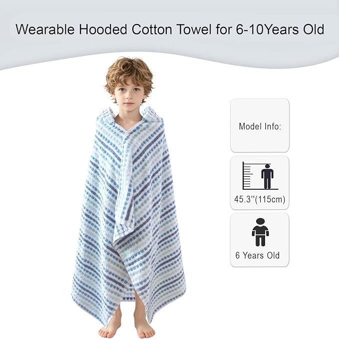 VOOVA & MOVAS Hooded Bath Towels for Kids | Soft Absorbent 100% Cotton Thick Towel Wrap | Versatile Beach, Pool, Swim & Bath Cover-Up | Blue White Plaid