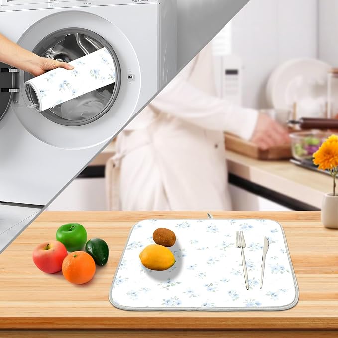 Blue Small Floral Dish Drying Mat, Absorbent Drainer Mats for Kitchen Counter Coffee Maker 24"x18"