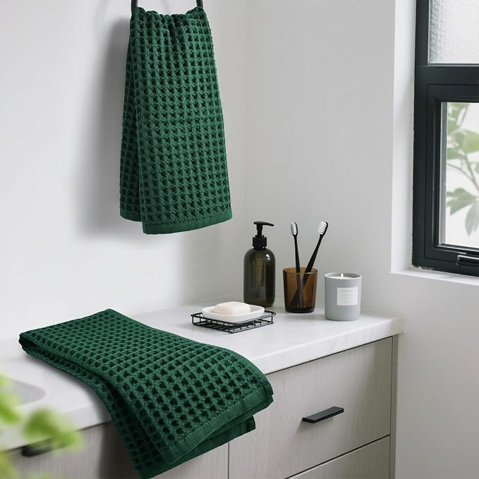 Jacquotha Waffle Hand Towels Set of 5 (Hunter-Green) – Cotton, Quick Dry, Lint Free, 13” x 29”, Bathroom Decor & Kitchen Towels